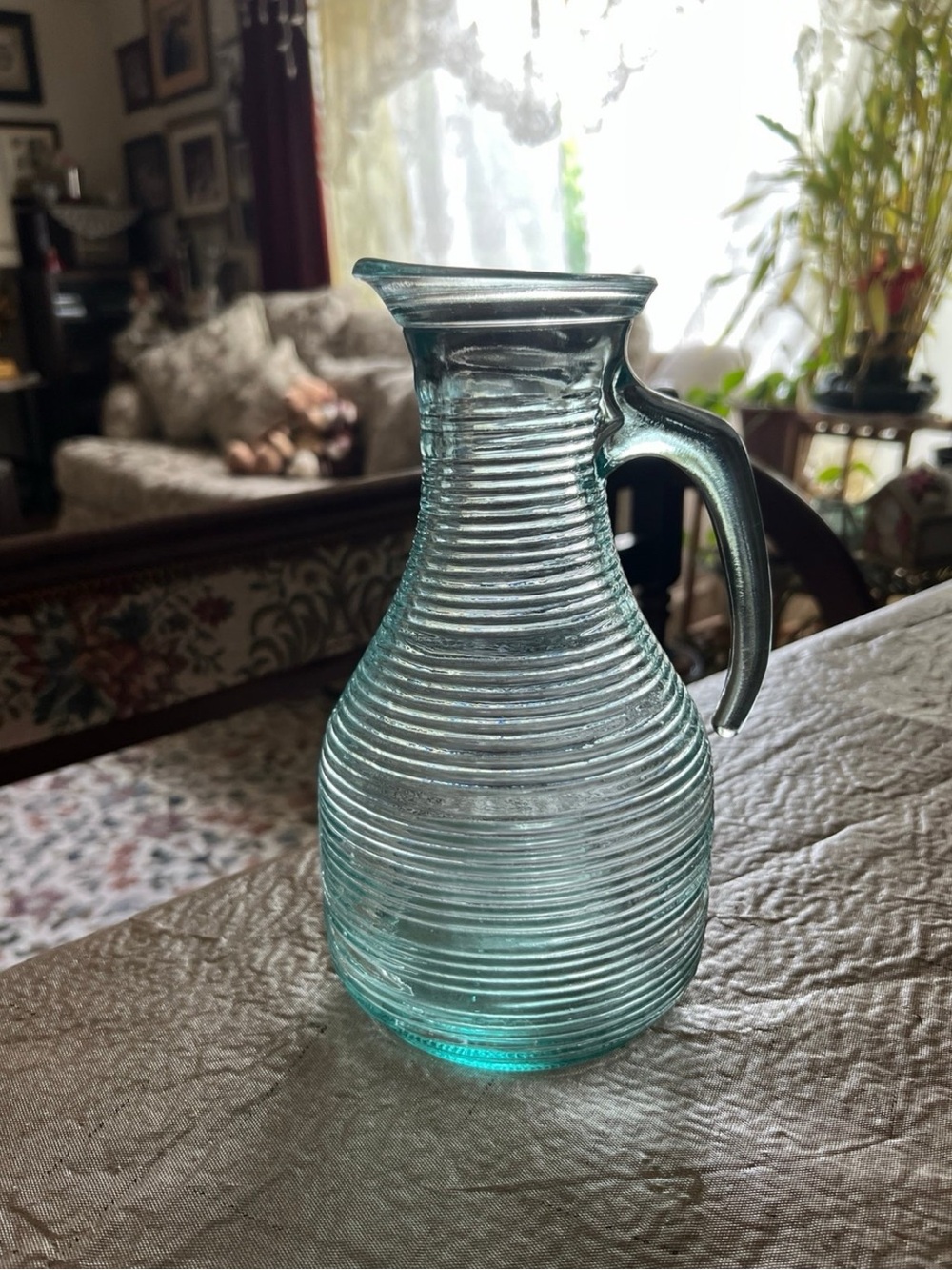 Ribbed Glass Pitcher in Aqua Blue - Unbranded